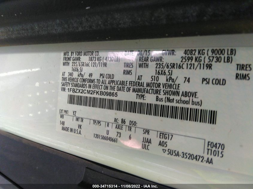 2015 FORD TRANSIT WAGON XL/XLT 1FBZX2CM2FKB09865