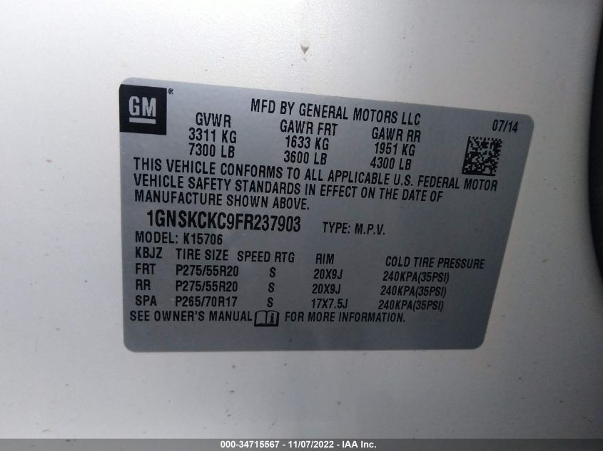 2015 CHEVROLET TAHOE LTZ 1GNSKCKC9FR237903