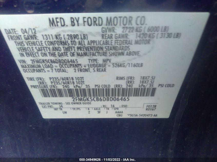 2013 FORD FLEX SEL 2FMGK5C86DBD06465