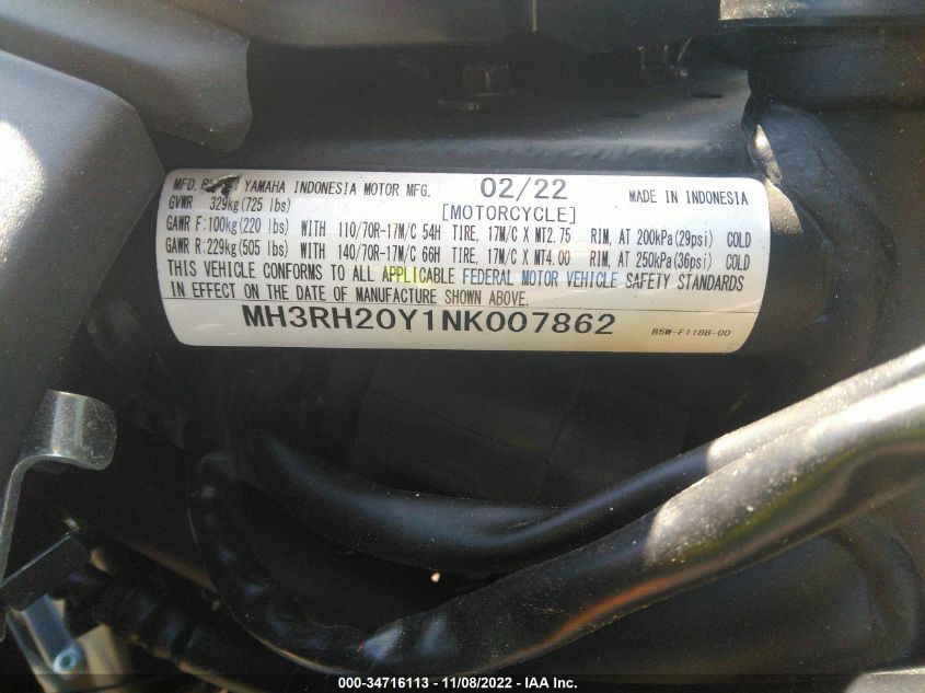 2022 YAMAHA MT-03 MH3RH20Y1NK007862