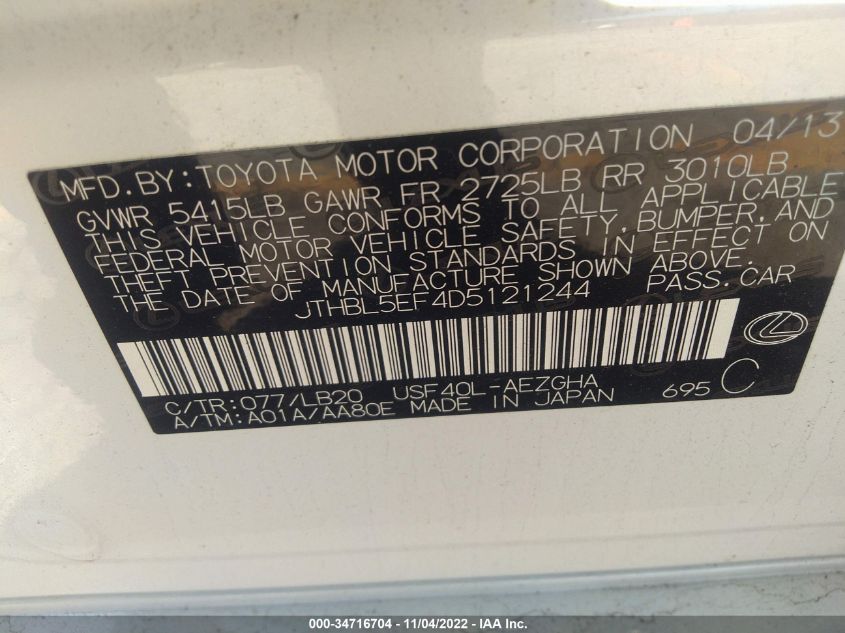 2013 LEXUS LS 460 JTHBL5EF4D5121244