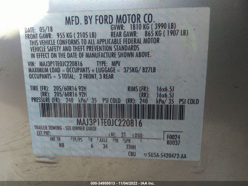VIN MAJ3P1TE0JC220816 2018 FORD ECOSPORT SE