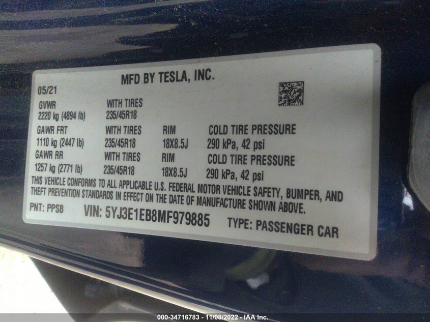 VIN 5YJ3E1EB8MF979885 2021 TESLA MODEL 3 LONG RANGE