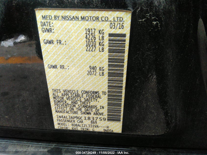 Auction sale of the 2016 Nissan Altima , vin: 1N4AL3AP9GC183759, lot number: 34724249