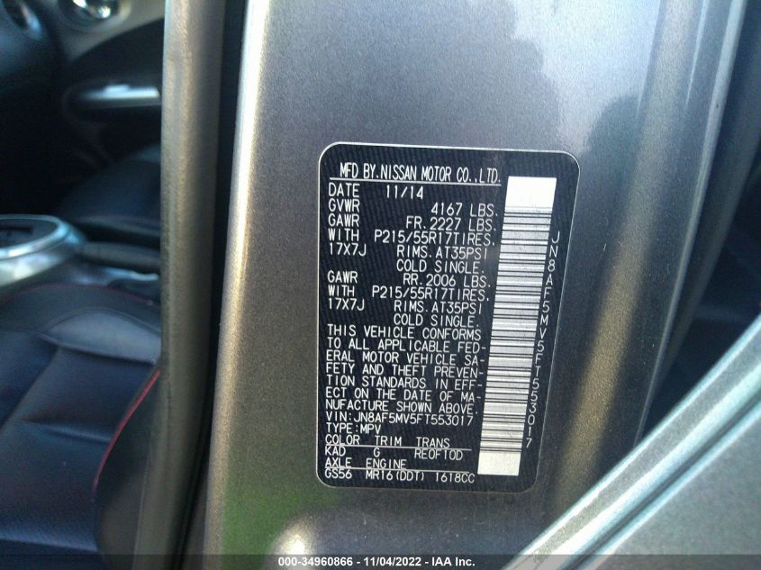 2015 NISSAN JUKE SL JN8AF5MV5FT553017