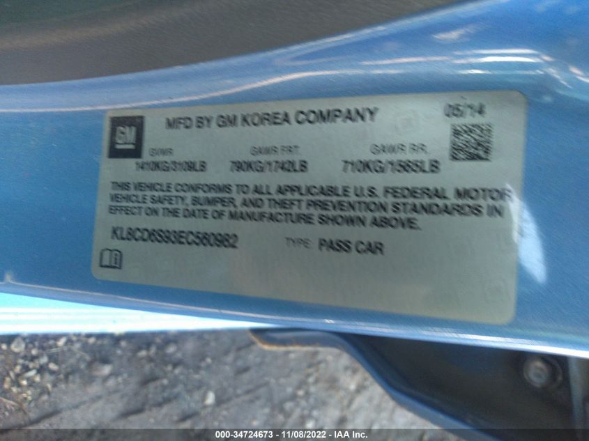 2014 CHEVROLET SPARK LT KL8CD6S93EC560982