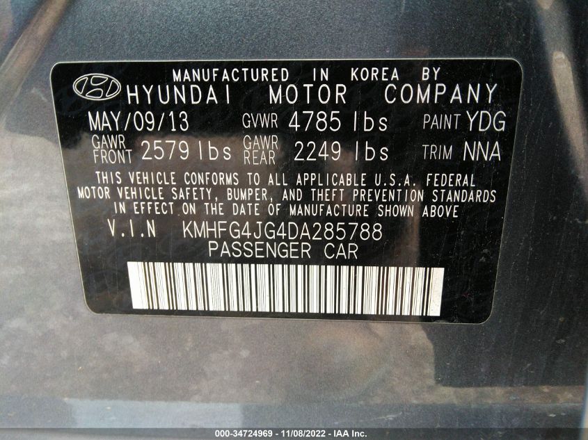 2013 HYUNDAI AZERA KMHFG4JG4DA285788
