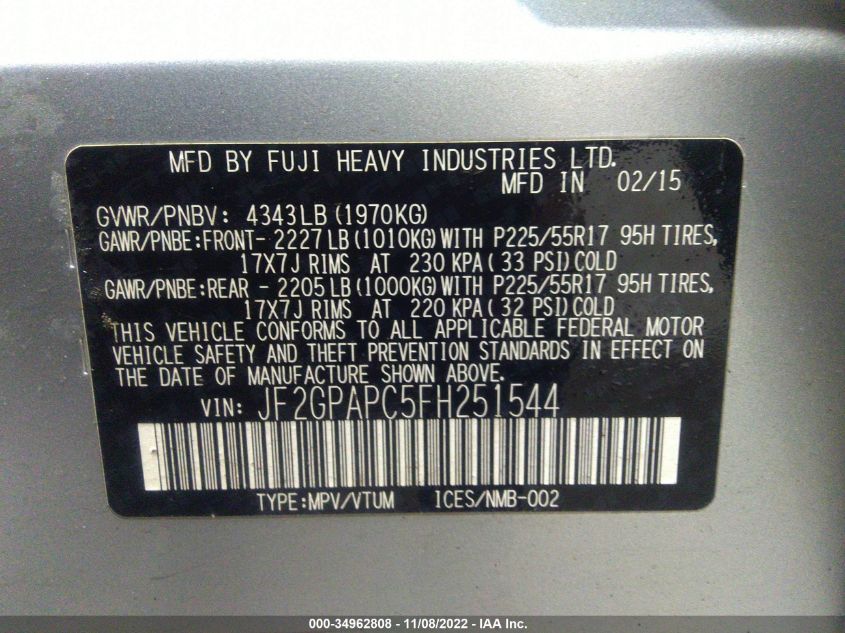 2015 SUBARU XV CROSSTREK LIMITED JF2GPAPC5FH251544