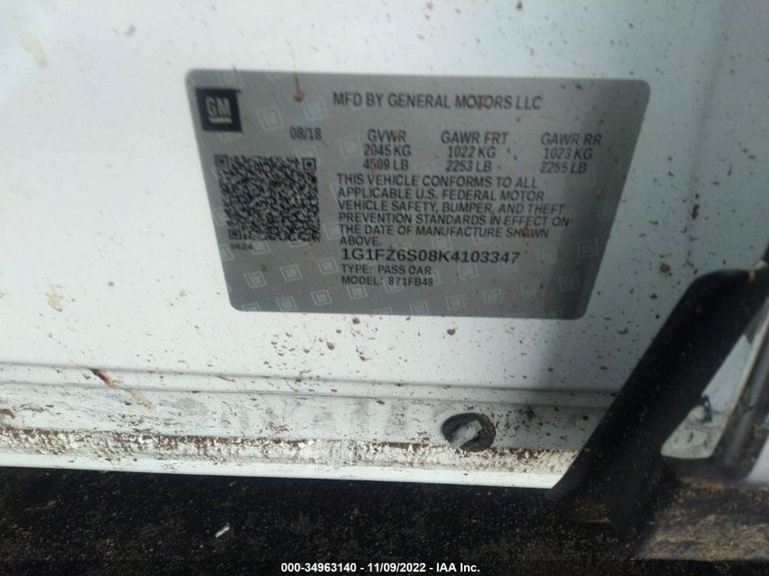 2019 CHEVROLET BOLT EV PREMIER 1G1FZ6S08K4103347