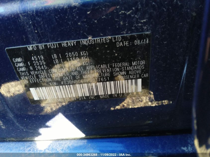 2015 SUBARU LEGACY 2.5I PREMIUM 4S3BNBC67F3017651
