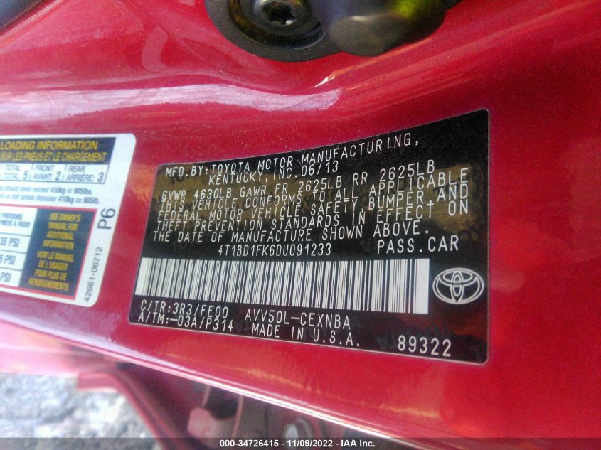 2013 TOYOTA CAMRY HYBRID LE/XLE 4T1BD1FK6DU091233