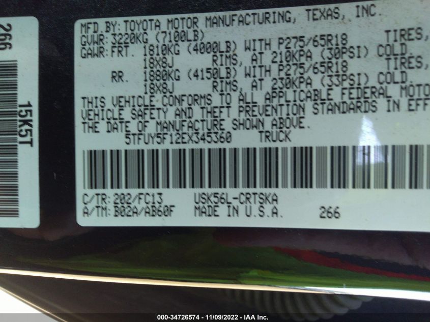2014 TOYOTA TUNDRA 4WD TRUCK SR/SR5 - 5TFUY5F12EX345360
