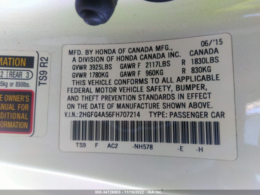 2015 HONDA CIVIC COUPE SI 2HGFG4A56FH707214