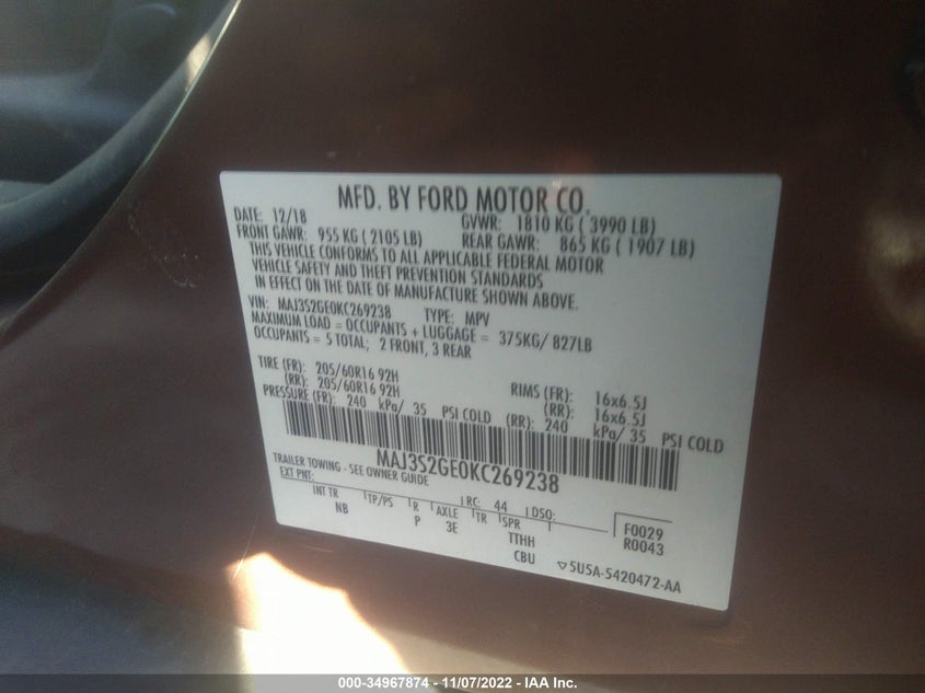 VIN MAJ3S2GE0KC269238 2019 FORD ECOSPORT SE