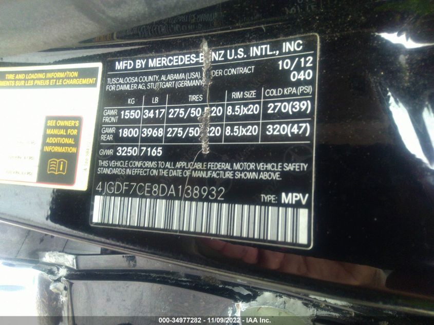 2013 MERCEDES-BENZ GL-CLASS GL 450 4JGDF7CE8DA138932