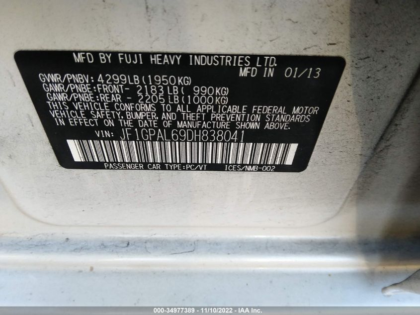 2013 SUBARU IMPREZA WAGON 2.0I SPORT PREMIUM - JF1GPAL69DH838041