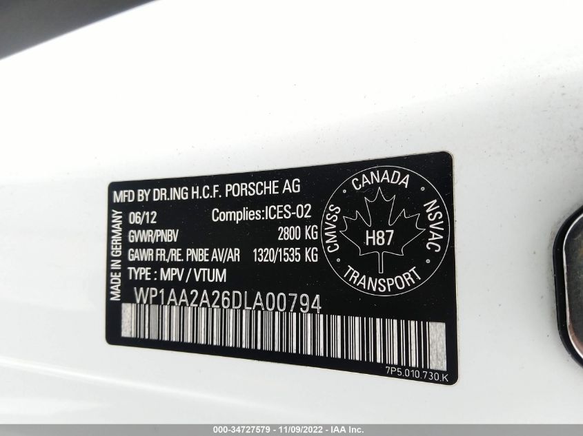2013 PORSCHE CAYENNE WP1AA2A26DLA00794