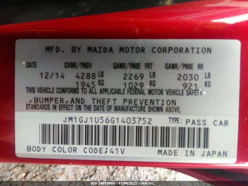 2016 MAZDA MAZDA6 I SPORT JM1GJ1U56G1403752