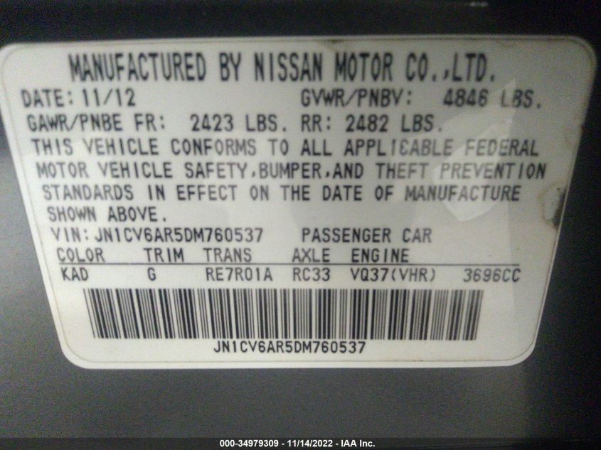 2013 INFINITI G37 SEDAN X JN1CV6AR5DM760537