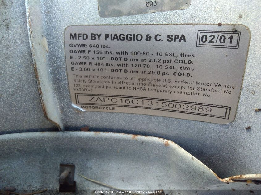 2001 VESPA C161C ZAPC16C1315002989