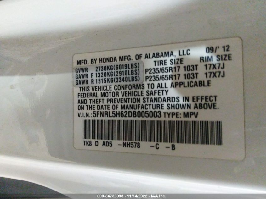 VIN 5FNRL5H62DB005003 2013 HONDA ODYSSEY no.9