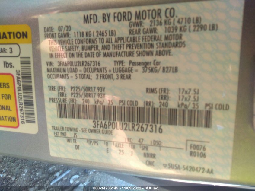 2020 FORD FUSION HYBRID SE - 3FA6P0LU2LR267316