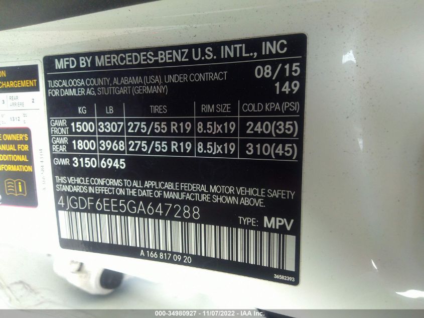 2016 MERCEDES-BENZ GL GL 450 4JGDF6EE5GA647288