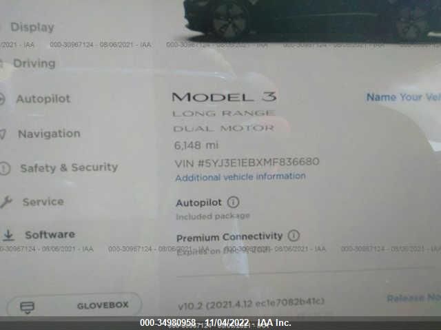 2021 TESLA MODEL 3 LONG RANGE 5YJ3E1EBXMF836680