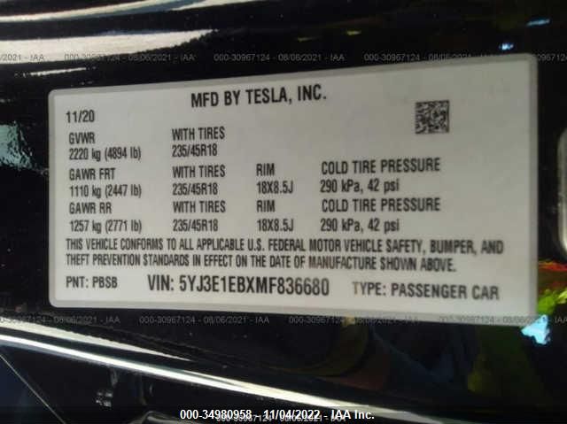 2021 TESLA MODEL 3 LONG RANGE 5YJ3E1EBXMF836680