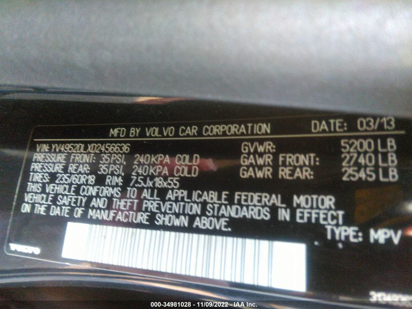 2013 VOLVO XC60 3.2L YV4952DLXD2456636