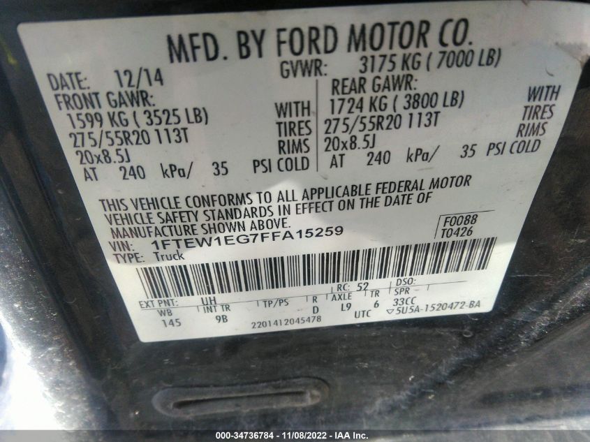 2015 FORD F-150 XLT/XL/LARIAT/PLATINUM 1FTEW1EG7FFA15259