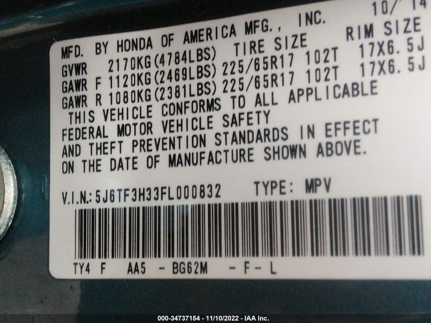 2015 HONDA CROSSTOUR EX 5J6TF3H33FL000832