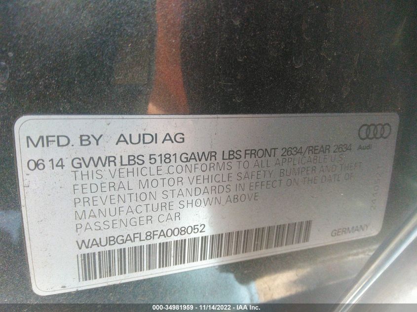 2015 AUDI S4 PREMIUM PLUS WAUBGAFL8FA008052