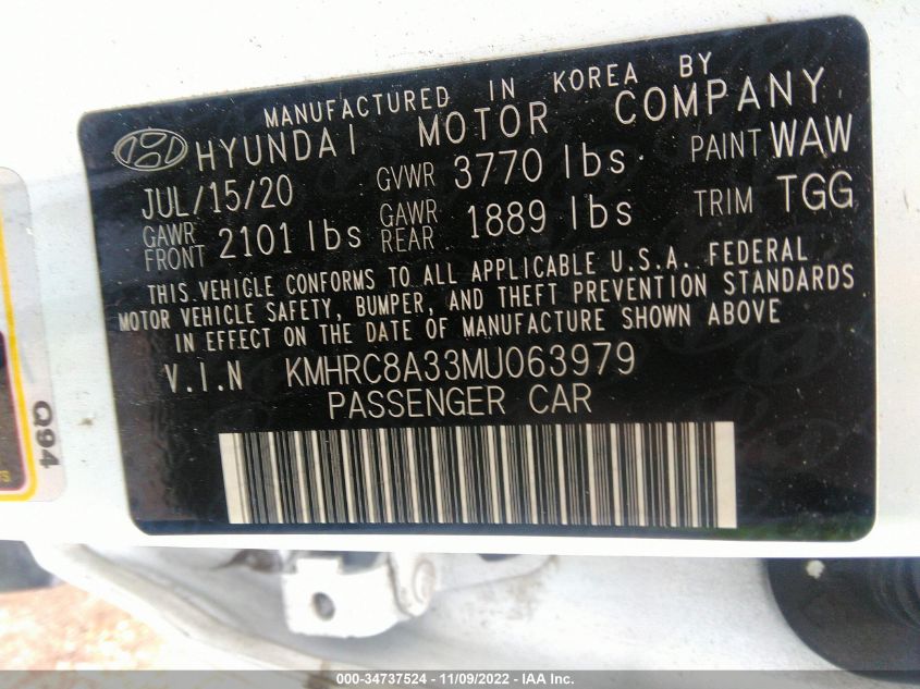 2021 HYUNDAI VENUE SEL KMHRC8A33MU063979