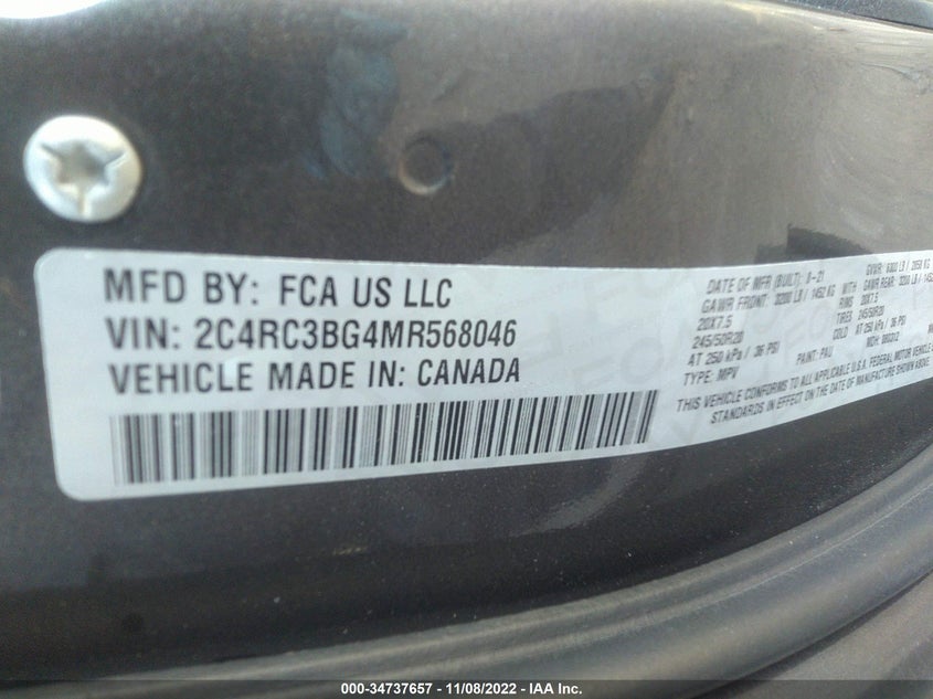 VIN 2C4RC3BG4MR568046 2021 CHRYSLER PACIFICA TOURING L