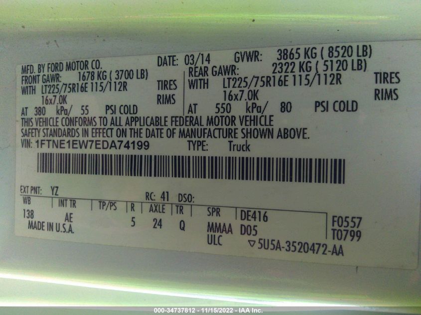 2014 FORD ECONOLINE CARGO VAN COMMERCIAL/RECREATIONAL 1FTNE1EW7EDA74199