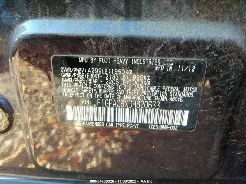 2013 SUBARU IMPREZA WAGON 2.0I PREMIUM JF1GPAC6XDH820633