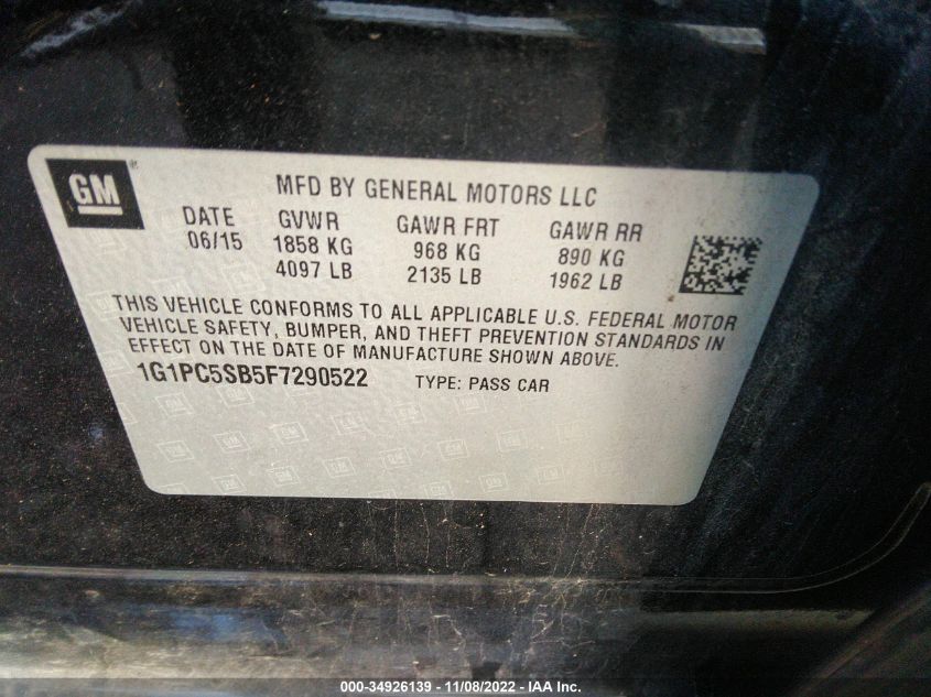 2015 CHEVROLET CRUZE LT - 1G1PC5SB5F7290522