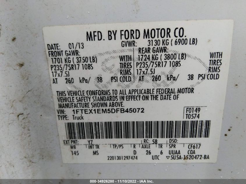 2013 FORD F-150 XL/STX/XLT - 1FTEX1EM5DFB45072