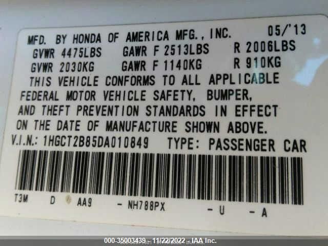 2013 HONDA ACCORD CPE EX-L 1HGCT2B85DA010849