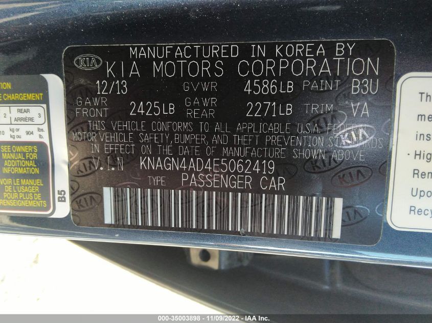 2014 KIA OPTIMA HYBRID EX KNAGN4AD4E5062419