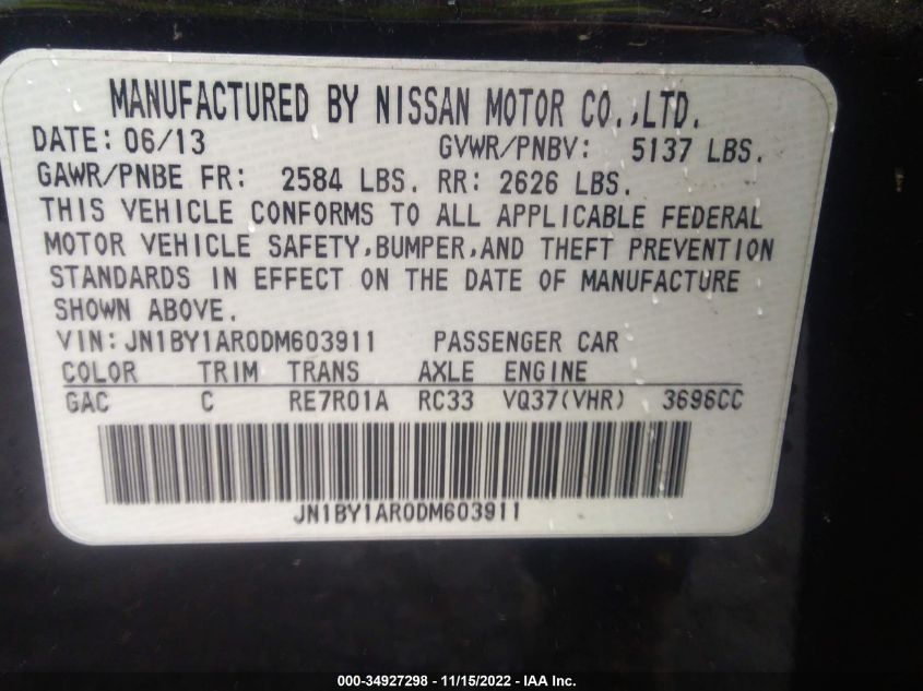 2013 INFINITI M37 JN1BY1AR0DM603911