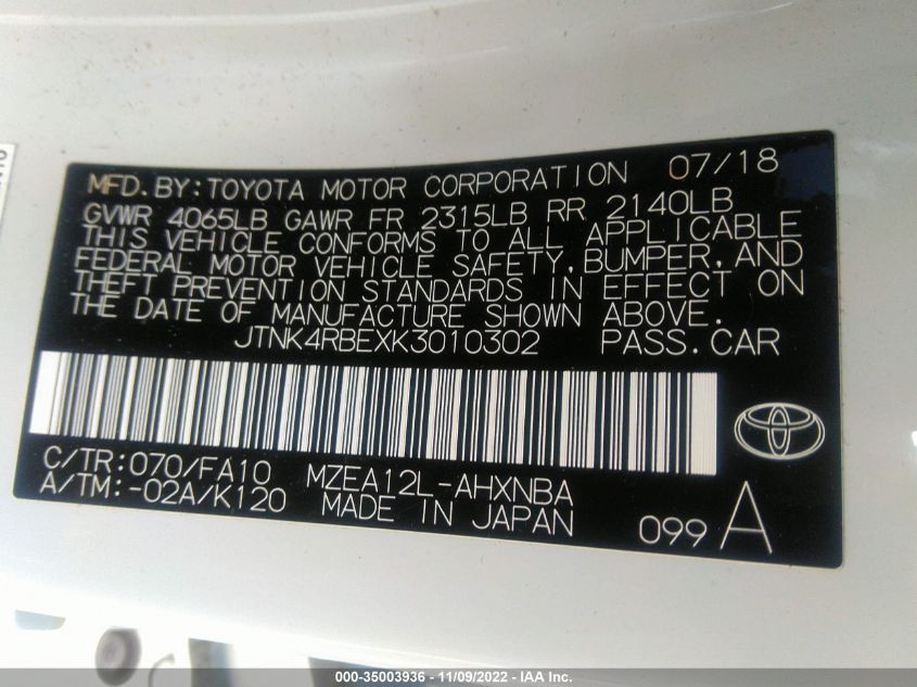 2019 TOYOTA COROLLA HATCHBACK SE/XSE JTNK4RBEXK3010302