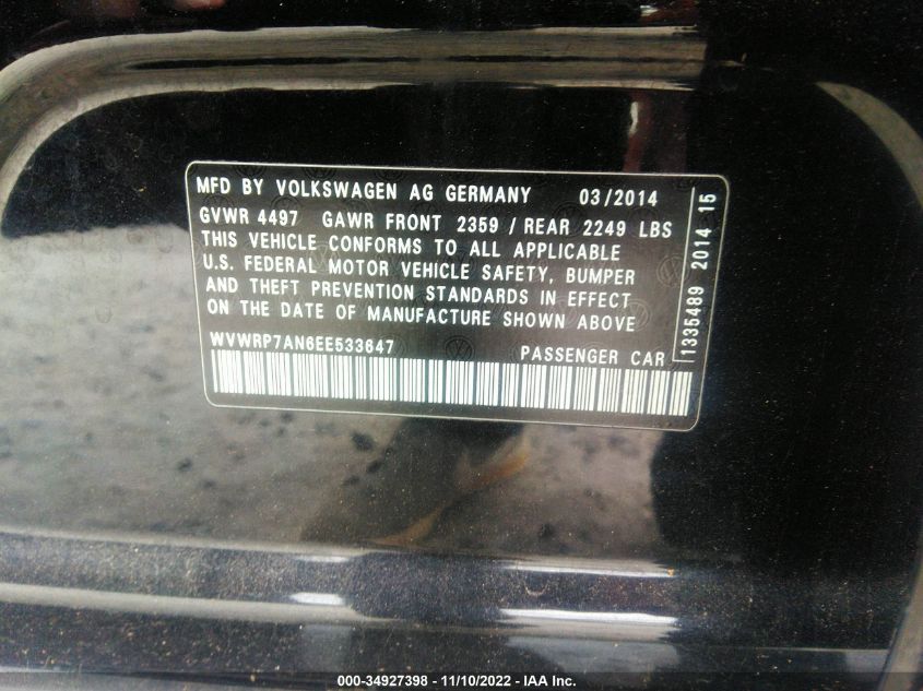 2014 VOLKSWAGEN CC EXECUTIVE WVWRP7AN6EE533647