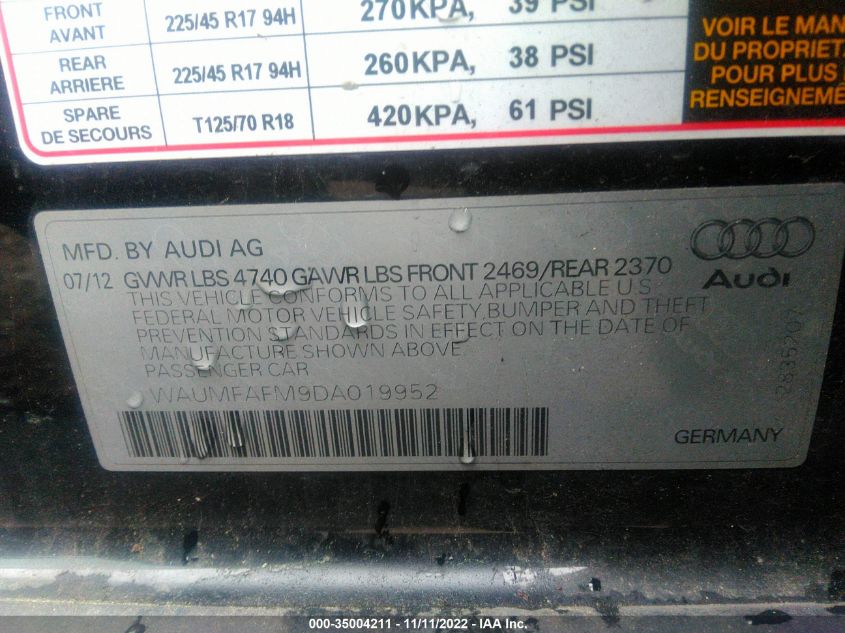 2013 AUDI A3 PREMIUM PLUS WAUMFAFM9DA019952