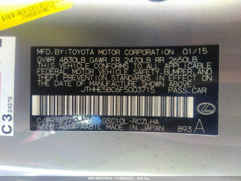 2015 LEXUS RC 350 JTHHE5BC6F5003715