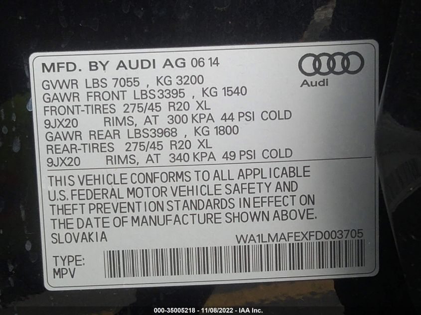 2015 AUDI Q7 3.0L TDI PREMIUM PLUS WA1LMAFEXFD003705