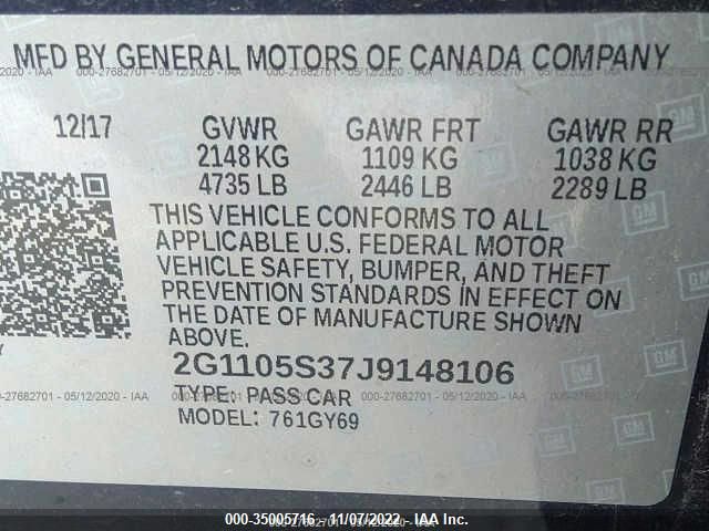 2018 CHEVROLET IMPALA LT 2G1105S37J9148106