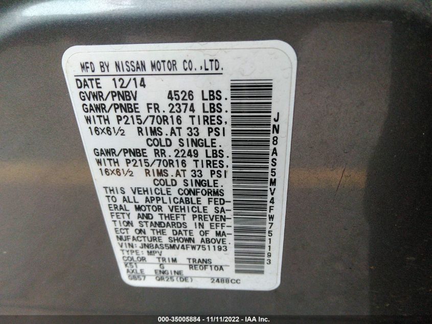 2015 NISSAN ROGUE SELECT S JN8AS5MV4FW751193