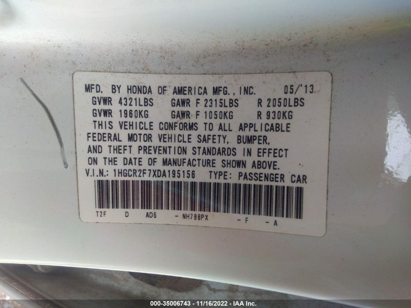 2013 HONDA ACCORD SDN EX 1HGCR2F7XDA195156